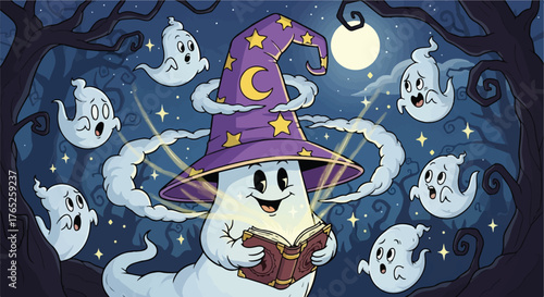 Cartoon Ghost Sorcerer Reads Glowing Spellbook at Night