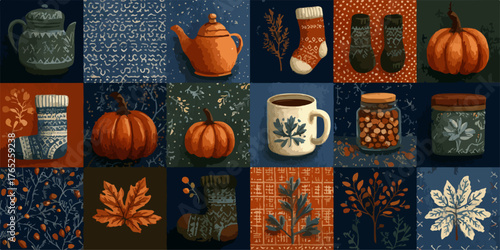 Un conjunto de ilustraciones vectoriales que celebran la temporada de otoño, con calabazas, hojas, tazas y calcetines acogedores.