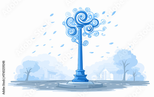 Ilustración vectorial de un árbol estilizado con remolinos azules y hojas cayendo, representando la naturaleza y el viento en un entorno sereno.