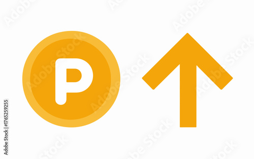 Ilustración vectorial de un icono de moneda dorada con la letra P y una flecha ascendente, ideal para conceptos financieros.