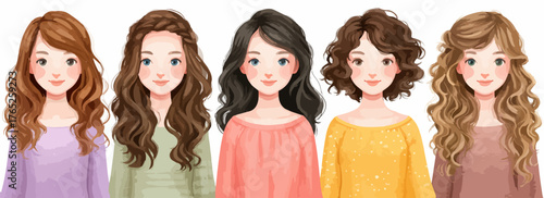 Ilustración vectorial que presenta a cinco mujeres con diferentes peinados y colores de cabello, ideal para diseño gráfico y proyectos creativos.