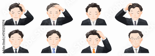 Ilustración vectorial de un hombre de negocios asiático preocupado, con diferentes expresiones faciales y gestos de la mano, sobre un fondo blanco.