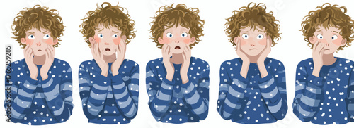 Ilustración vectorial de un niño con diferentes expresiones de sorpresa y asombro, mostrando diversas emociones.