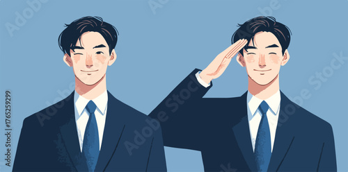 Un elegante hombre de negocios asiático en un traje formal saluda y guiña un ojo en una ilustración vectorial, mostrando profesionalismo.
