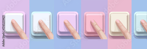 Una ilustración vectorial de dedos presionando botones coloridos, mostrando interacción digital y tecnología moderna, con un diseño minimalista y atractivo.