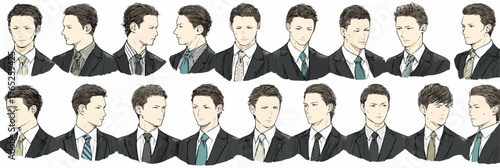 Ilustración vectorial de un hombre con diferentes peinados y corbatas, ideal para diseño gráfico y publicidad.