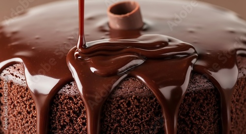 Decadent dark chocolate cake glistening under a cascading waterfall of rich, melted ganache perfection