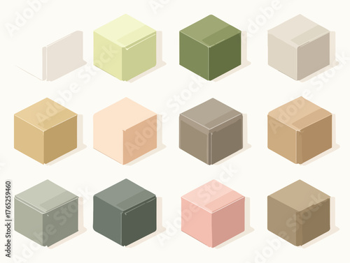 Conjunto de cubos isométricos de diferentes colores y texturas, ideal para diseños gráficos y presentaciones creativas.