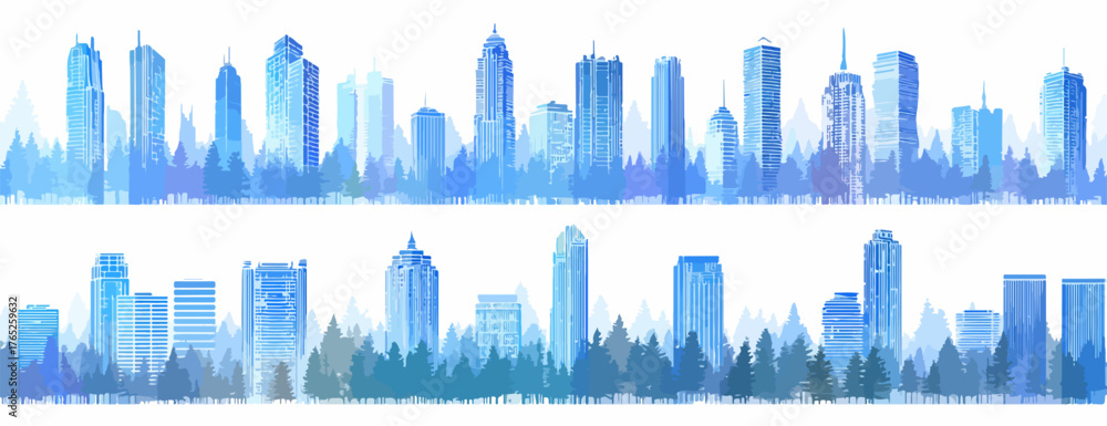 Obraz premium Ilustración vectorial de un horizonte urbano estilizado en tonos azules y blancos, ideal para diseños creativos y proyectos visuales.