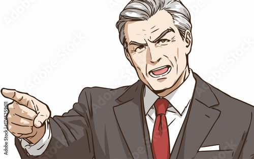 Ilustración vectorial de un hombre maduro enojado con traje formal señalando con el dedo, expresando frustración y desaprobación.