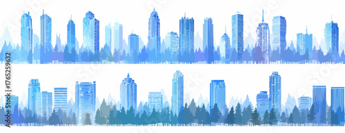 Ilustración vectorial de un horizonte urbano estilizado en tonos azules y blancos, ideal para diseños creativos y proyectos visuales.