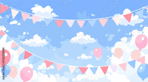 Ilustración vectorial festiva con guirnaldas de banderas y globos flotando contra un cielo azul nublado ideal para celebraciones y eventos felices.