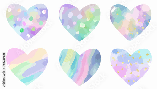 A set of six watercolor hearts, each with a unique pastel pattern, perfect for adding a touch of love and whimsy to any design.