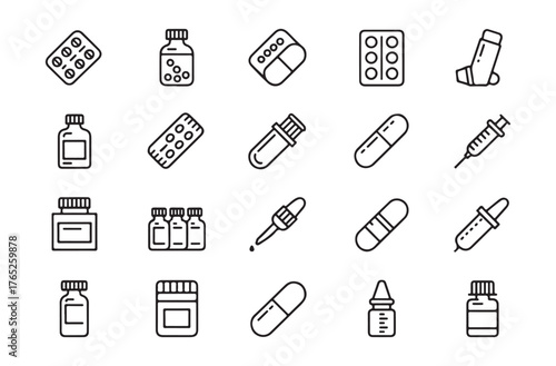 Pharmacy and Medication Line Icons Set