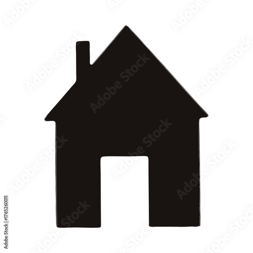 Simple black silhouette house illustration with chimney and door on white background