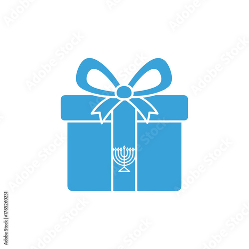 Blue gift box with bow and menorah design symbolizing Hanukkah  