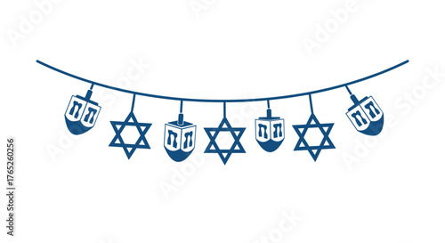 Hanukkah decorations with blue dreidels and stars on white background  