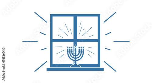 Menorah placed on window with light rays illuminating it  