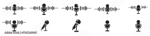 A set of microphone icons with sound waves, representing audio recording, podcasting, and voice communication, in various styles and designs, suitable for use in audio editing software isolated