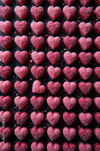 Abstract Heart Candy Texture Close up An extreme macro close up shot of a dense, textured surface composed entirely of tiny, sugar coated heart candies in soft pastel colors. The focus is razor sharp