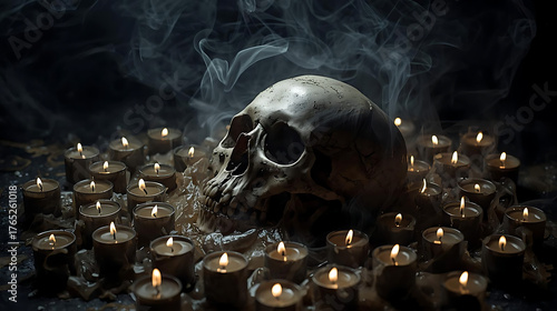 Skull surrounded by melted candles and soft rising smoke, dark moody lighting.