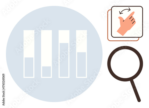 Bar chart, swipe hand gesture, magnifying glass implying exploration, analysis, interactivity. Ideal for technology, business, research, innovation learning communication simple flat metaphor