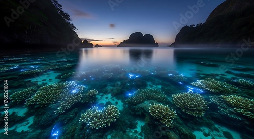 Fototapeta Naklejka Na Ścianę i Meble -  Bioluminescent Plankton Sparkle in Turquoise Waters at Dusk, El Nido, Philippines.