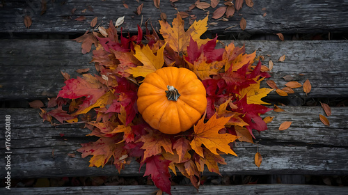 Small pumpkin surrounded by colorful autumn leaves on a rustic surface.