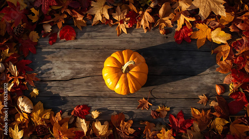 Small pumpkin surrounded by colorful autumn leaves on a rustic surface.