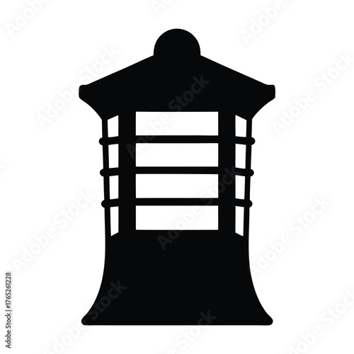 Monochrome silhouette of an outdoor lantern with layered roof and horizontal bars