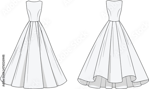 PrintElegant long evening dress front and back view, fashion flat sketch, bridal gown design, flowing skirt illustration, vector clothing template, minimalist style