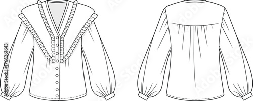 PrintElegant women blouse flat sketch, ruffle V-neck shirt design template, long sleeve fashion illustration, garment technical drawing, apparel vector outline