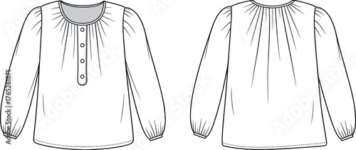 PrintFashion blouse flat sketch, technical drawing, long sleeve top, round neck shirt, gathered neckline, button placket design, vector illustration template