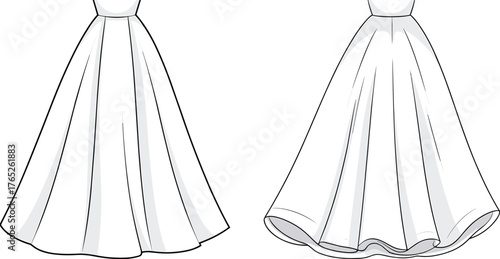 PrintElegant sleeveless wedding dress sketch, long flowy gown fashion illustration, minimalist white bridal design, vector outline drawing for designers and tailors