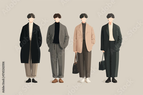 Quattro figure maschili stilizzate in abiti moderni e minimalisti, un'illustrazione vettoriale che cattura l'essenza della moda contemporanea.