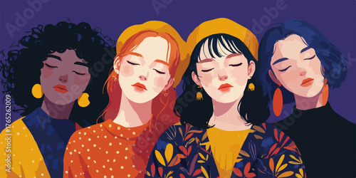 Quattro donne diverse, con gli occhi chiusi in un momento di serena contemplazione, esprimono bellezza e solidarietà femminile in un vibrante stile vettoriale.