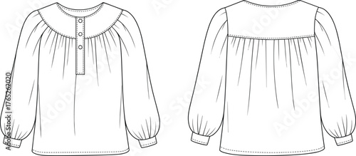 PrintFashion blouse technical flat sketch, long sleeve women shirt design, front and back view vector illustration, detailed sewing template for designers