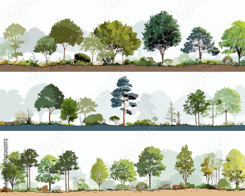 Una collezione versatile di alberi e arbusti in stile vettoriale, perfetta per progetti grafici che richiedono elementi naturali e dettagliati.