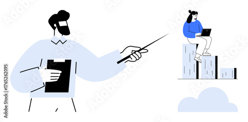 Man holding clipboard and pointing to a chart, woman sitting on bar graphs with laptop. Ideal for business strategy, teamwork, data analysis, leadership, growth, presentations, simple flat metaphor