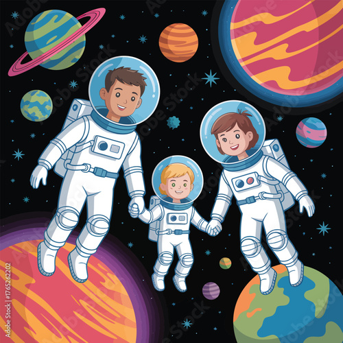 Cartoon family of astronauts exploring planets in outer space Keywords: family, astronauts