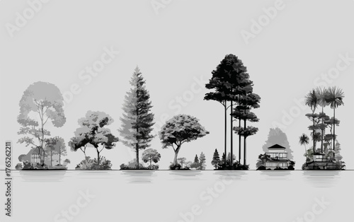 Illustrazione vettoriale monocromatica che presenta una variegata serie di alberi e micro-paesaggi, evidenziando la bellezza della natura con un design minimalista e contemporaneo.