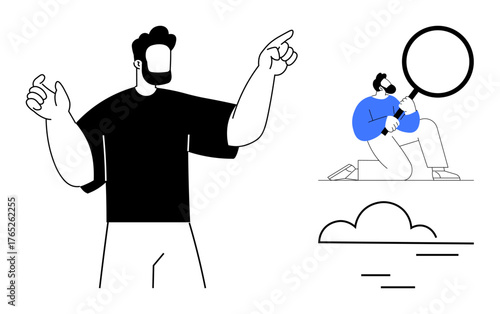 Man in black shirt pointing ahead, smaller figure with magnifying glass examining details near cloud. Ideal for analysis, growth, vision, discovery, leadership, innovation teamwork. Simple flat