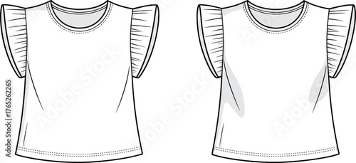 PrintFashion flat sketch of short sleeve ruffle top, front and back view, vector blouse template, stylish apparel design for women