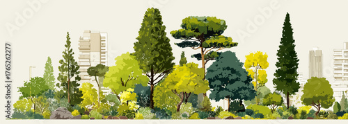 Un'illustrazione vettoriale di un paesaggio urbano verdeggiante, dove una lussureggiante varietà di alberi e piante prospera davanti a un moderno orizzonte cittadino.