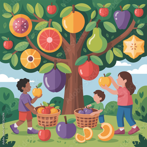 Children picking fruit from a stylized tree with baskets orchard