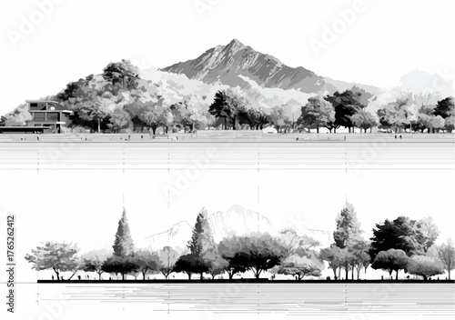 Illustrazione vettoriale monocromatica di paesaggi naturali con montagne maestose e una varietà di alberi, perfetta per progetti di design ambientale.
