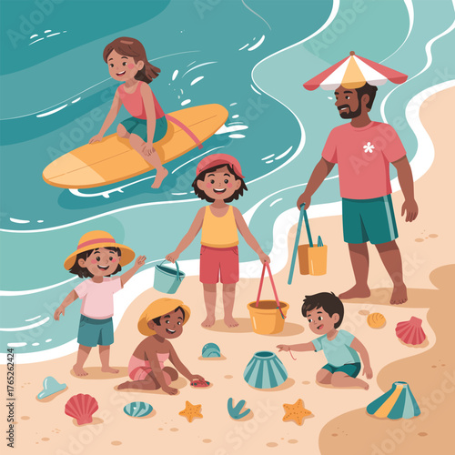 Children playing on a sandy beach with a man and surfboard ocean