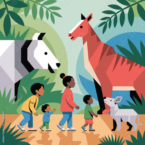 Children walking with stylized prehistoric animals in a jungle image photo