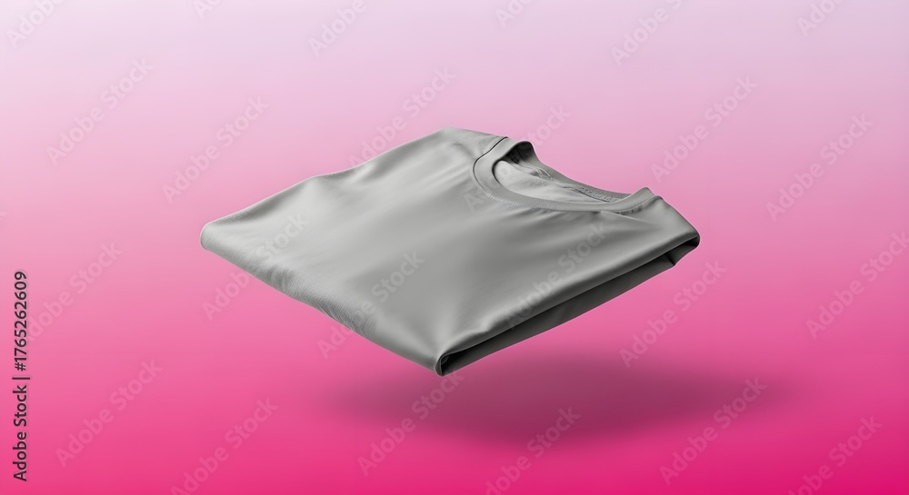Fototapeta premium Folded gray tshirt isolated on pink background with soft shadow effect