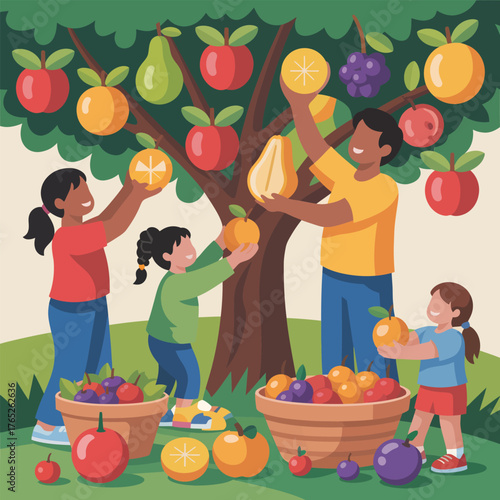 Diverse family picking ripe fruit from a bountiful tree harvest
